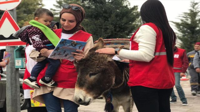 Ürgüp'te Kızılay gönüllüleri eşekle kitap dağıttı